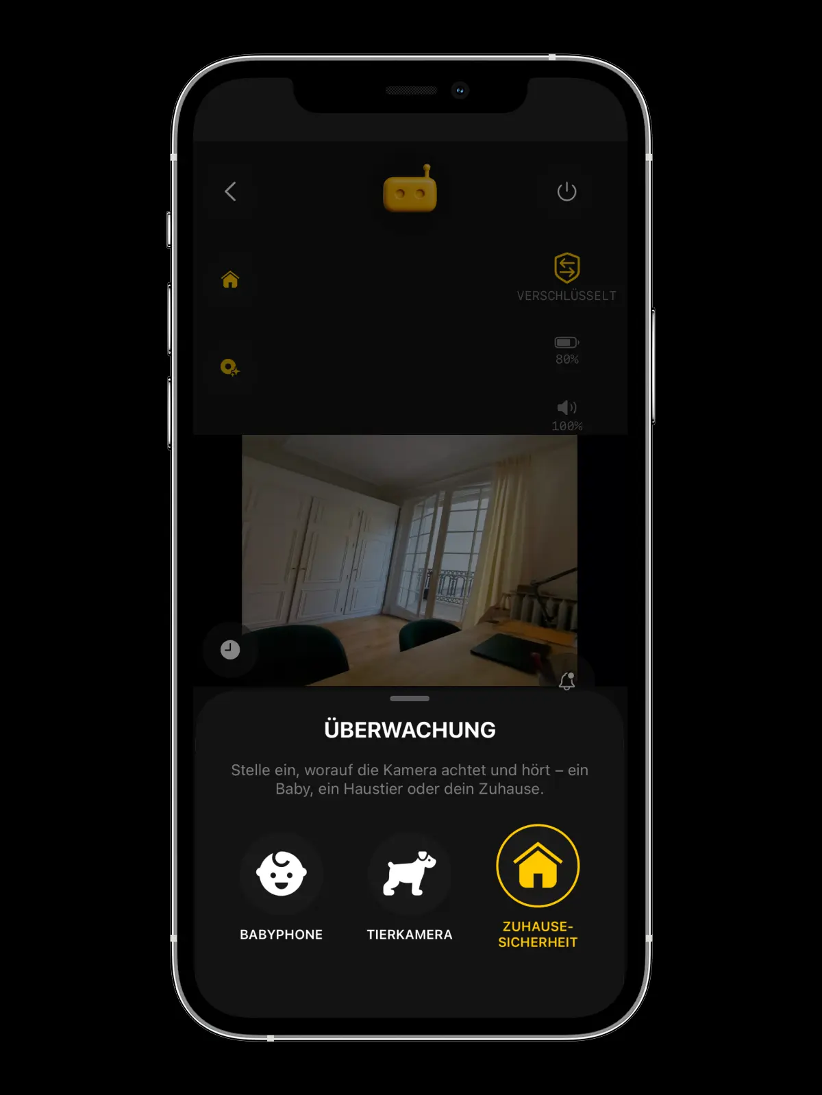 RECAM Überwachungsmodi — das Überwachungsmenü über der Live-Ansicht geöffnet: Babyphone, Tierkamera und Zuhause-Sicherheit, einen Tipp auseinander, Zuhause-Sicherheit ausgewählt