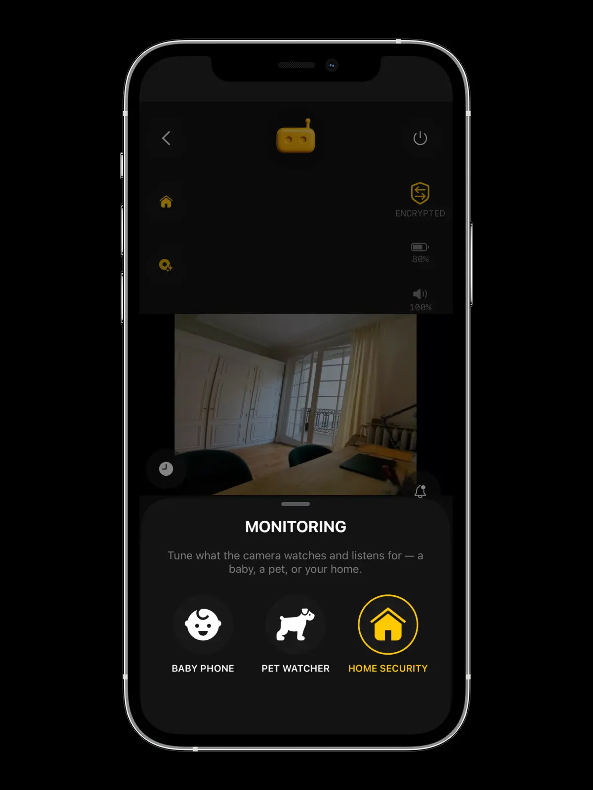 RECAM monitoring modes — the Monitoring sheet open over the live view: Baby Phone, Pet Watcher and Home Security, one tap apart, with Home Security selected