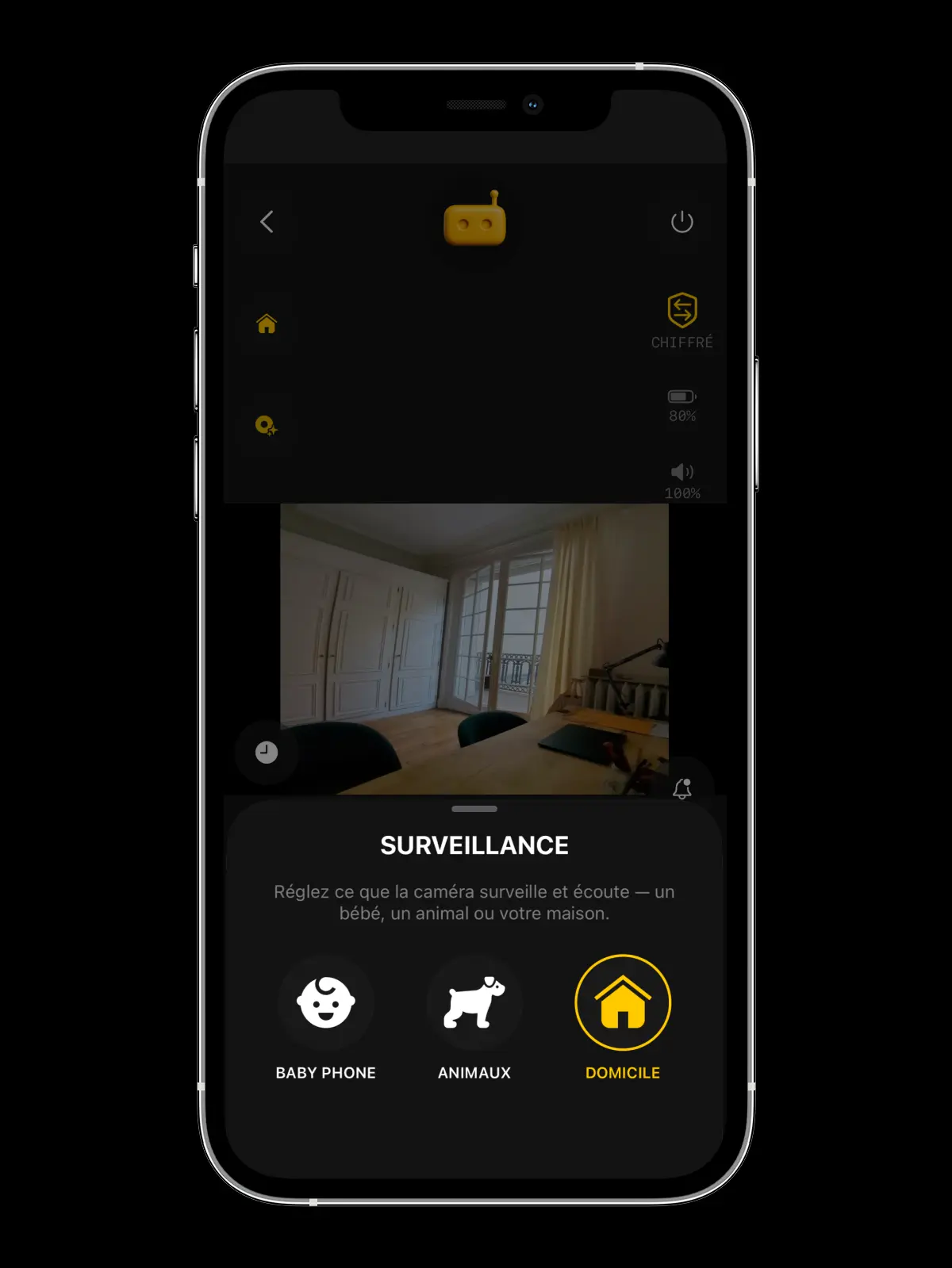Modes de surveillance RECAM — le volet Surveillance ouvert sur le direct : Baby phone, Animaux et Domicile à un geste d’écart, avec Domicile sélectionné