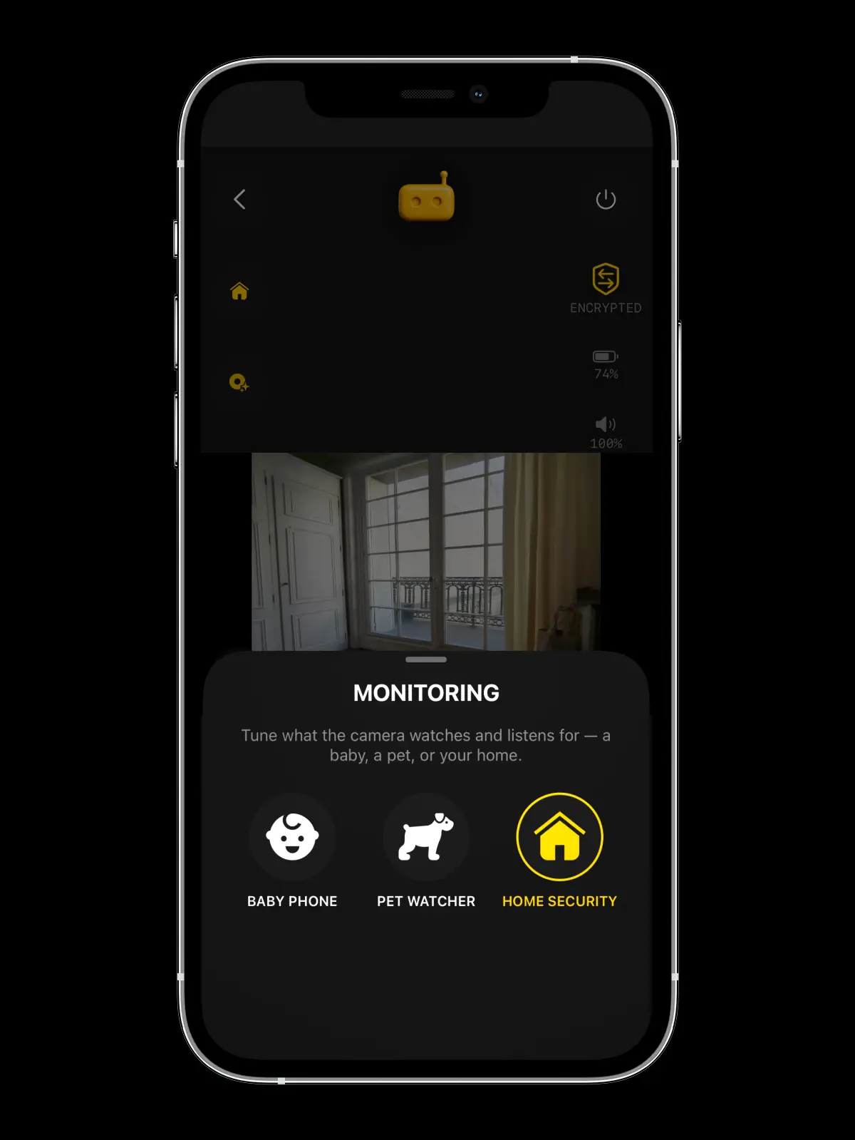 RECAM monitoring modes — the Monitoring sheet open over the live view: Baby Phone, Pet Watcher and Home Security, one tap apart, with Home Security selected