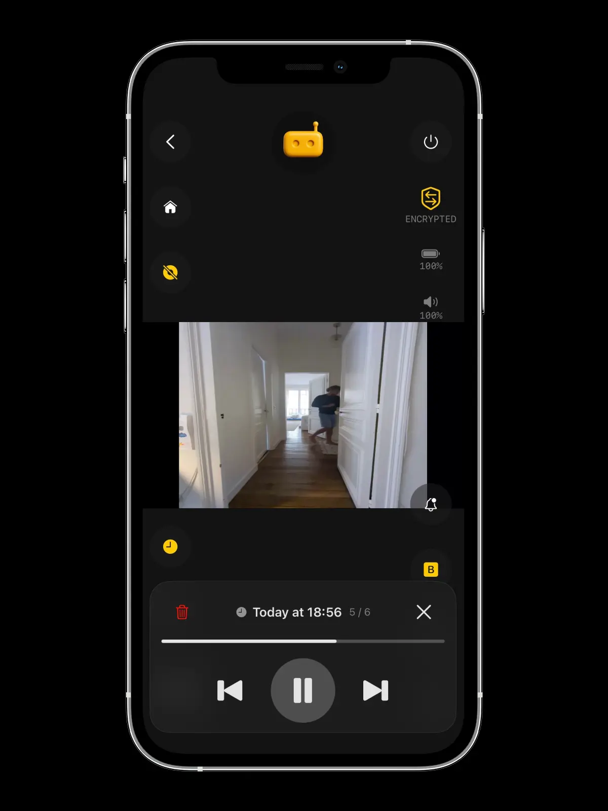 RECAM clip replay — a saved clip playing back in the live view, with the replay capsule showing the clip's date and time