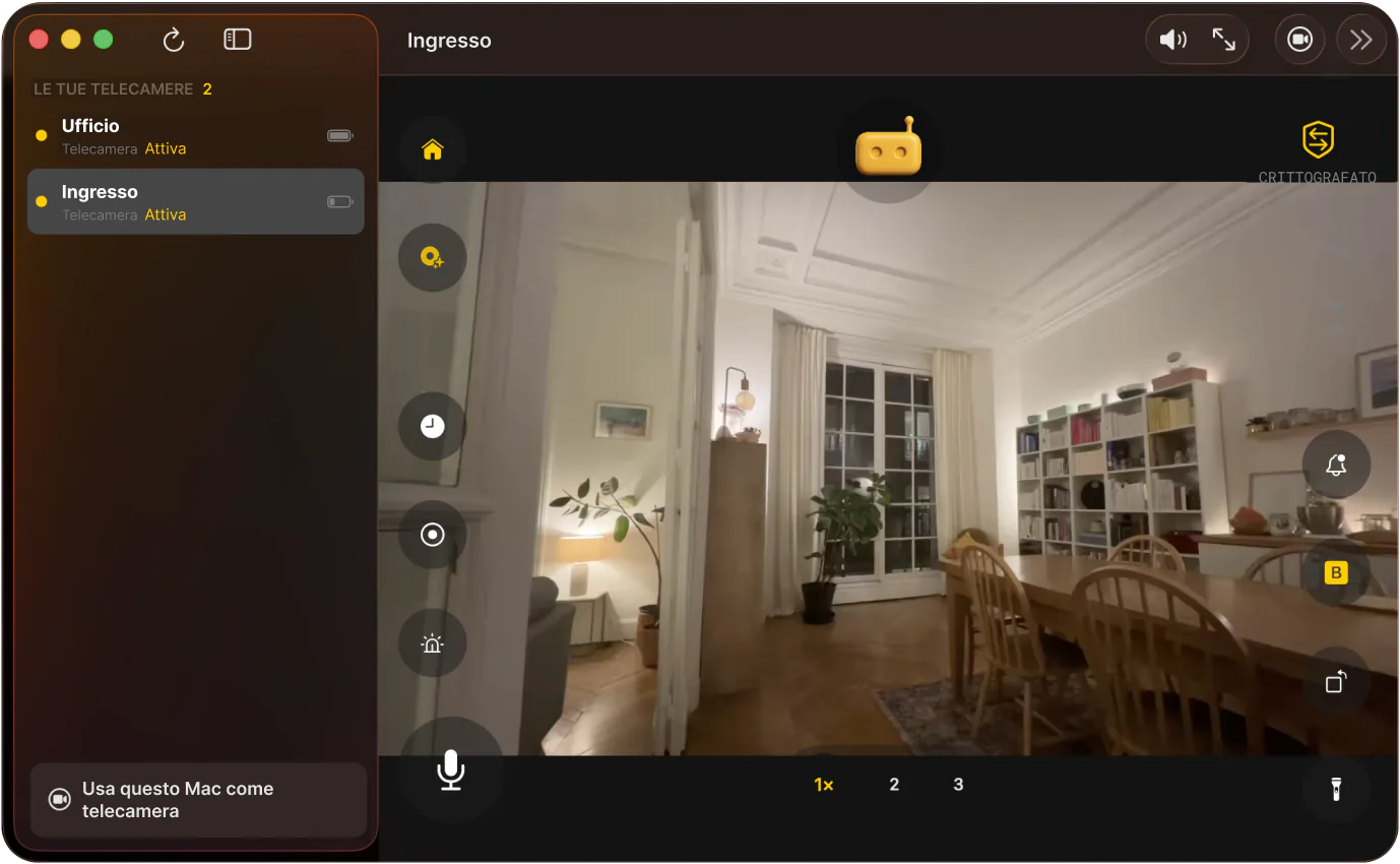 RECAM su un Mac: due telecamere nella barra laterale, la telecamera Ingresso in diretta