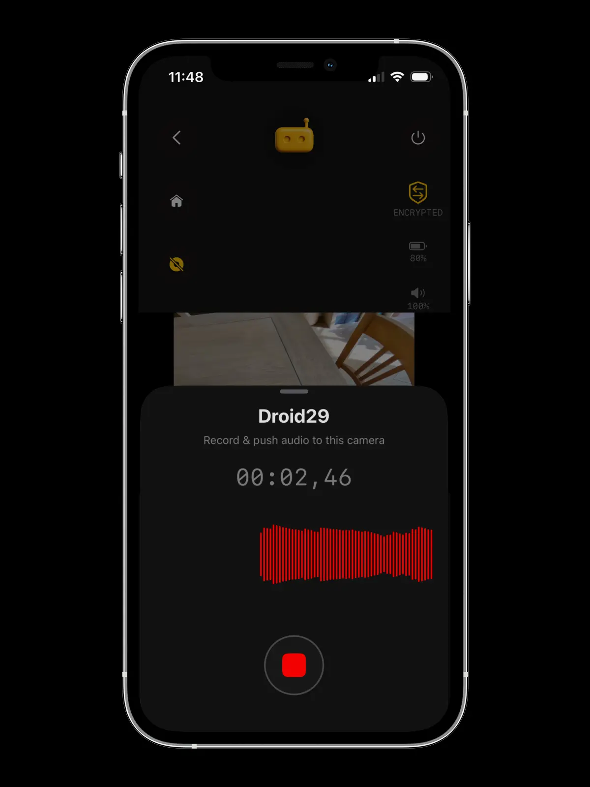 RECAM push to talk — recording a short voice message from the live view to play out loud on the camera phone