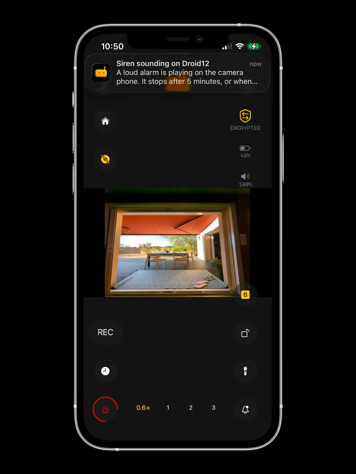RECAM remote siren — one tap in the live view sets the camera phone wailing