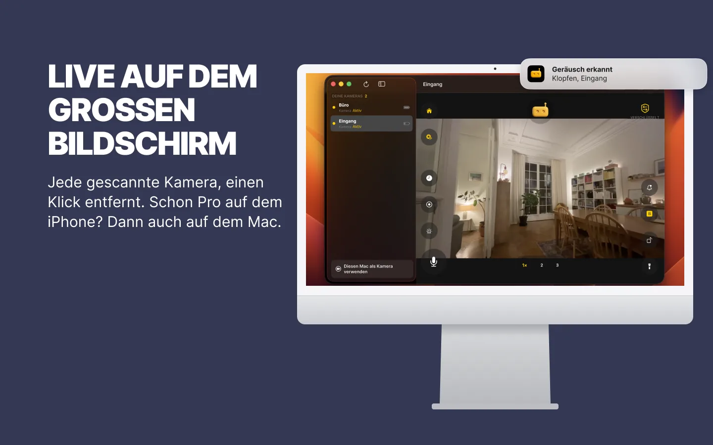 RECAM auf einem iMac: die Kameraliste in der Seitenleiste und die Kamera „Eingang“ live, mit der Meldung „Geräusch erkannt“