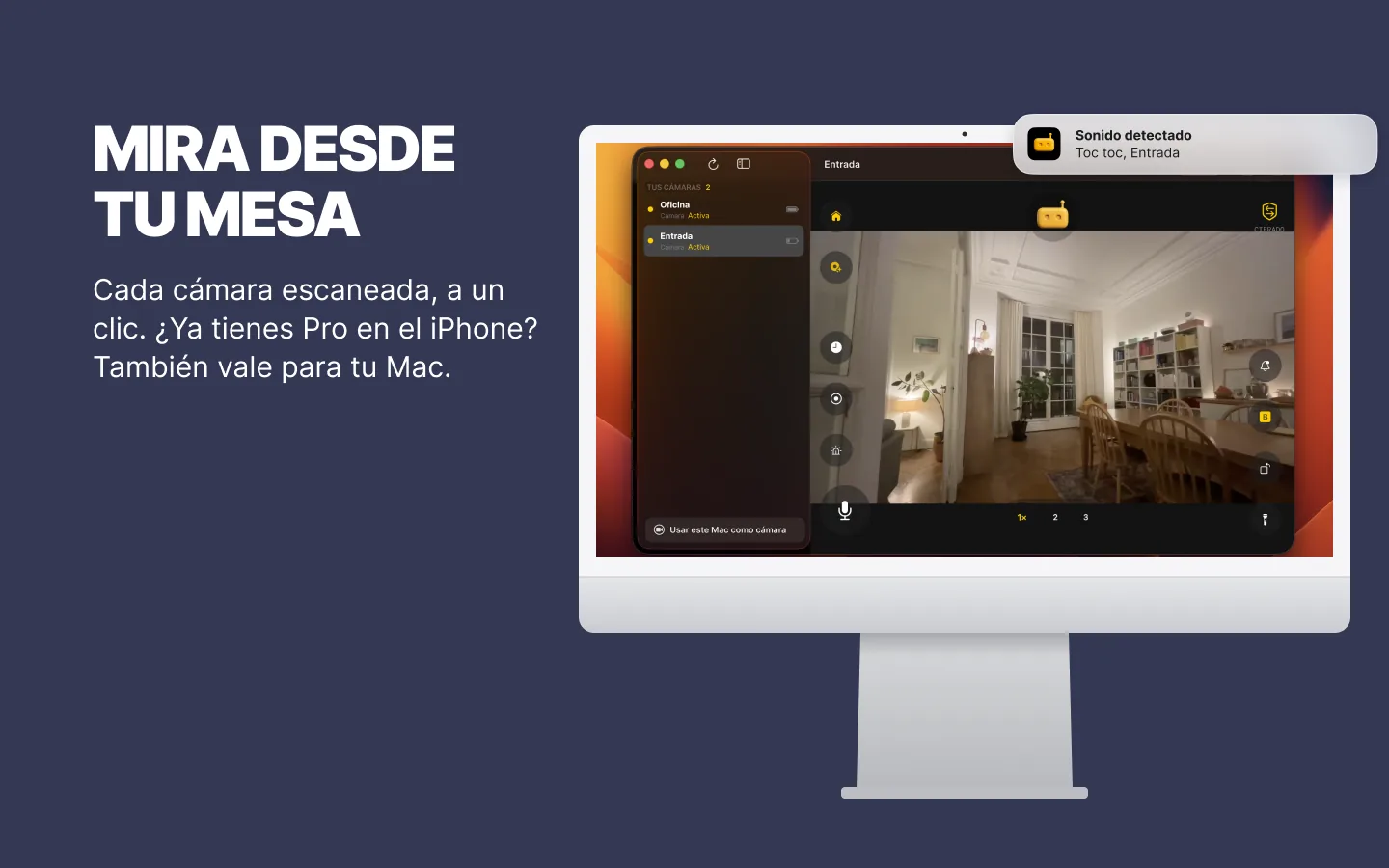RECAM en un iMac: la lista de cámaras en la barra lateral y la cámara Entrada en directo, con el aviso «Sonido detectado»