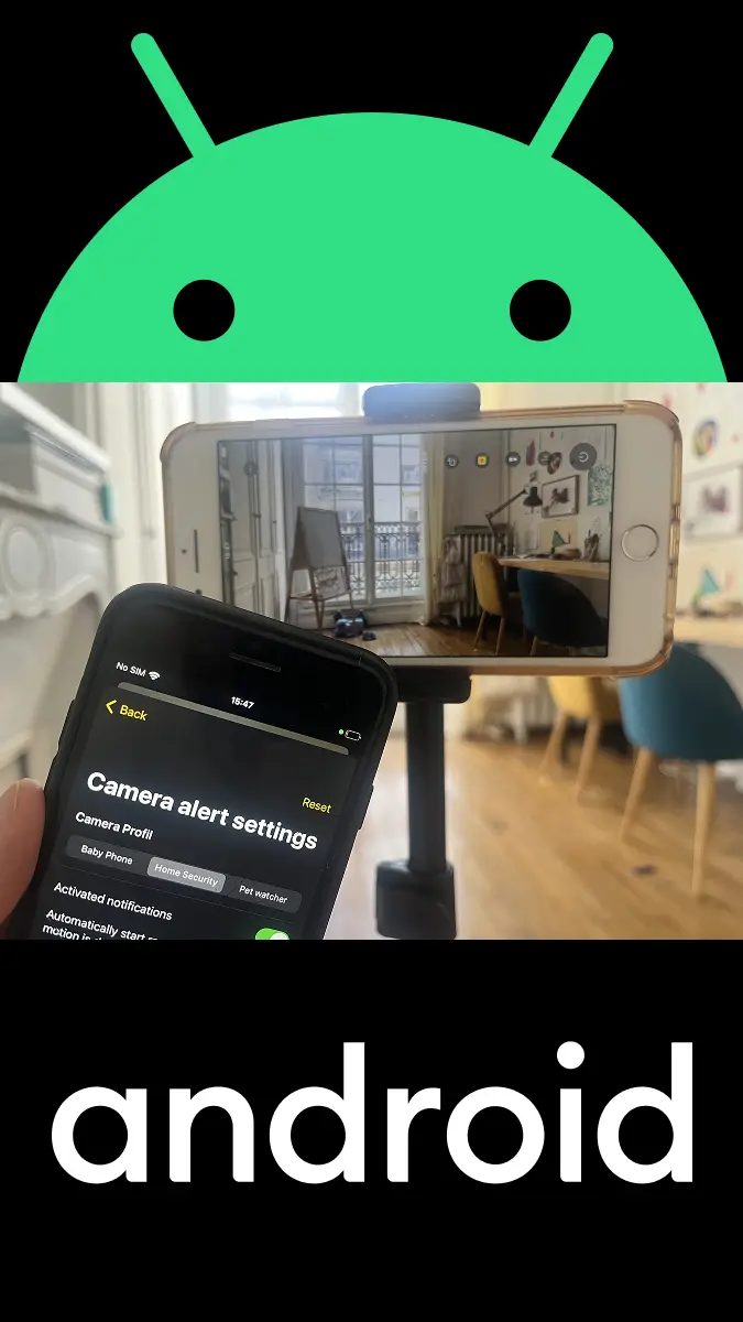 Un móvil montado en un pequeño trípode graba un salón mientras otro móvil en la mano muestra los ajustes de alertas de la cámara en RECAM, enmarcado por el robot y el logotipo de Android