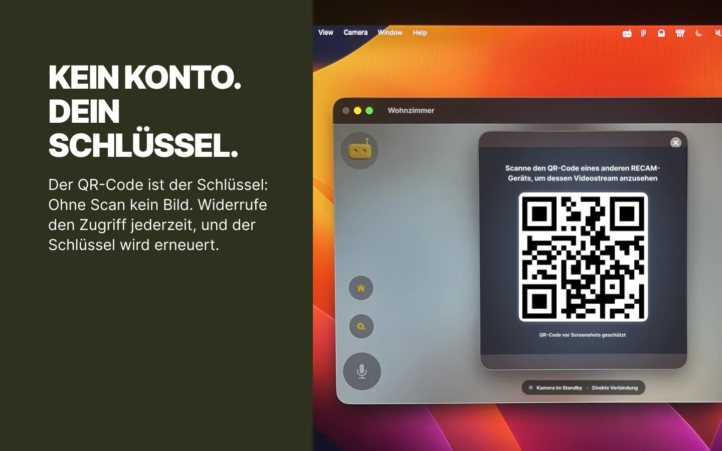 Ein MacBook als RECAM-Kamera zeigt den QR-Code, den ein anderes Gerät scannt, um zuzuschauen