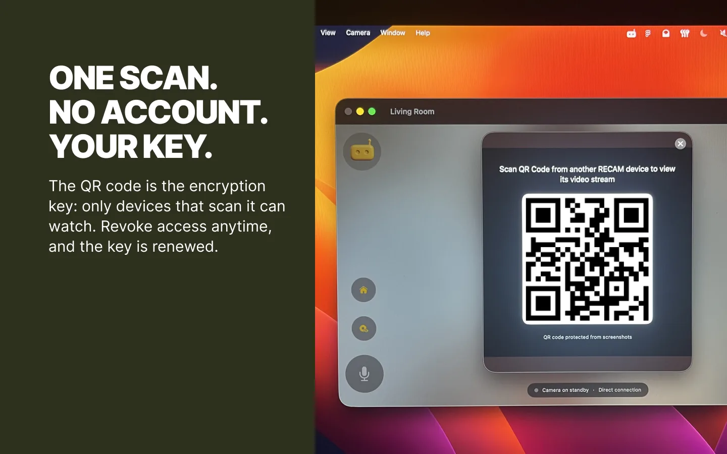A MacBook running RECAM as the camera, showing the QR code another device scans to watch it