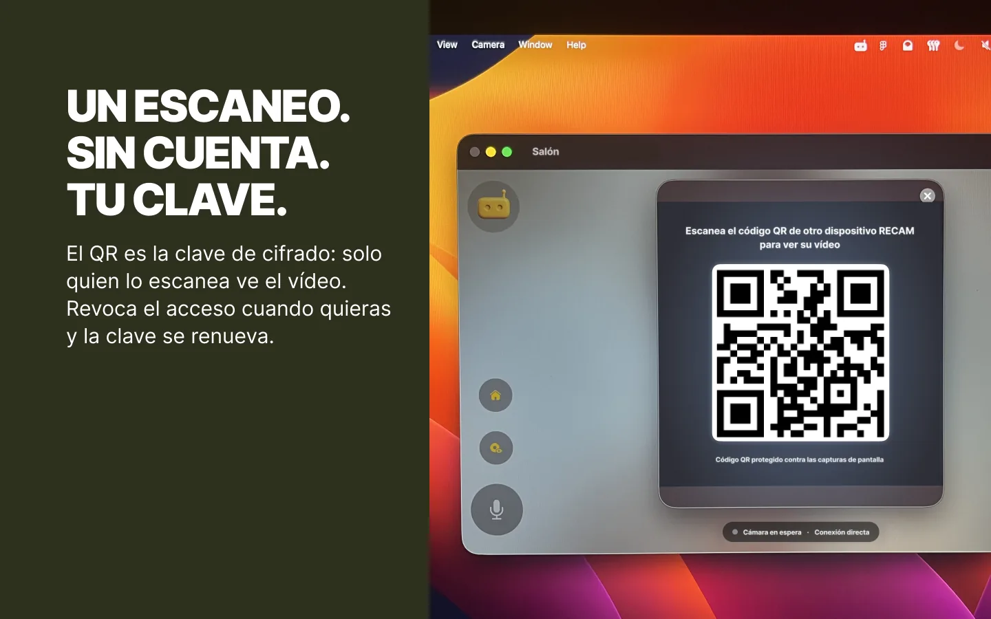 Un MacBook como cámara RECAM muestra el código QR que otro dispositivo escanea para verla