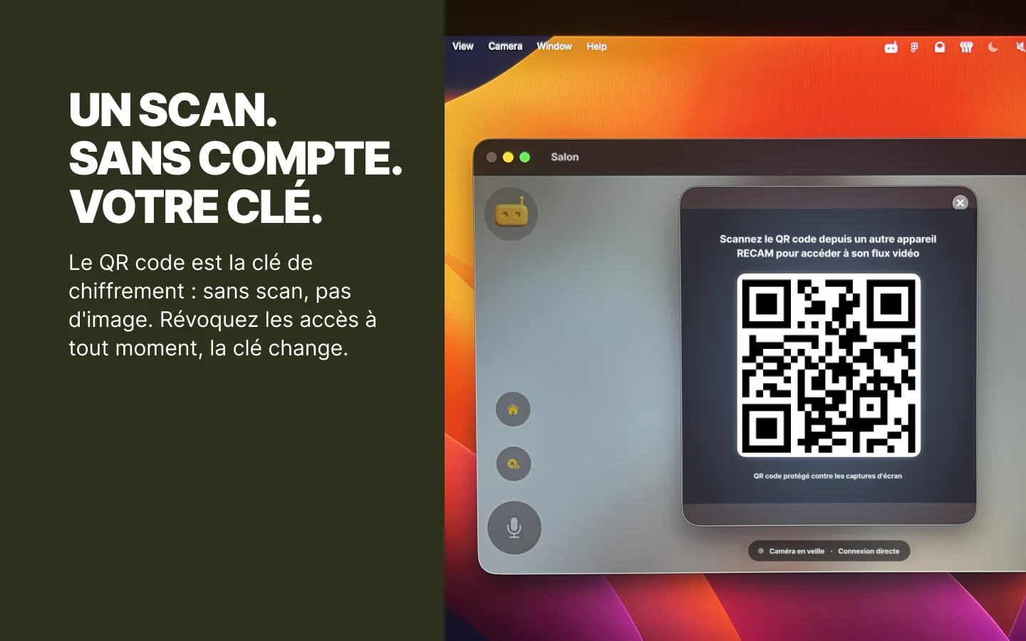 Un MacBook qui sert de caméra RECAM et affiche le QR code qu’un autre appareil scanne pour la regarder