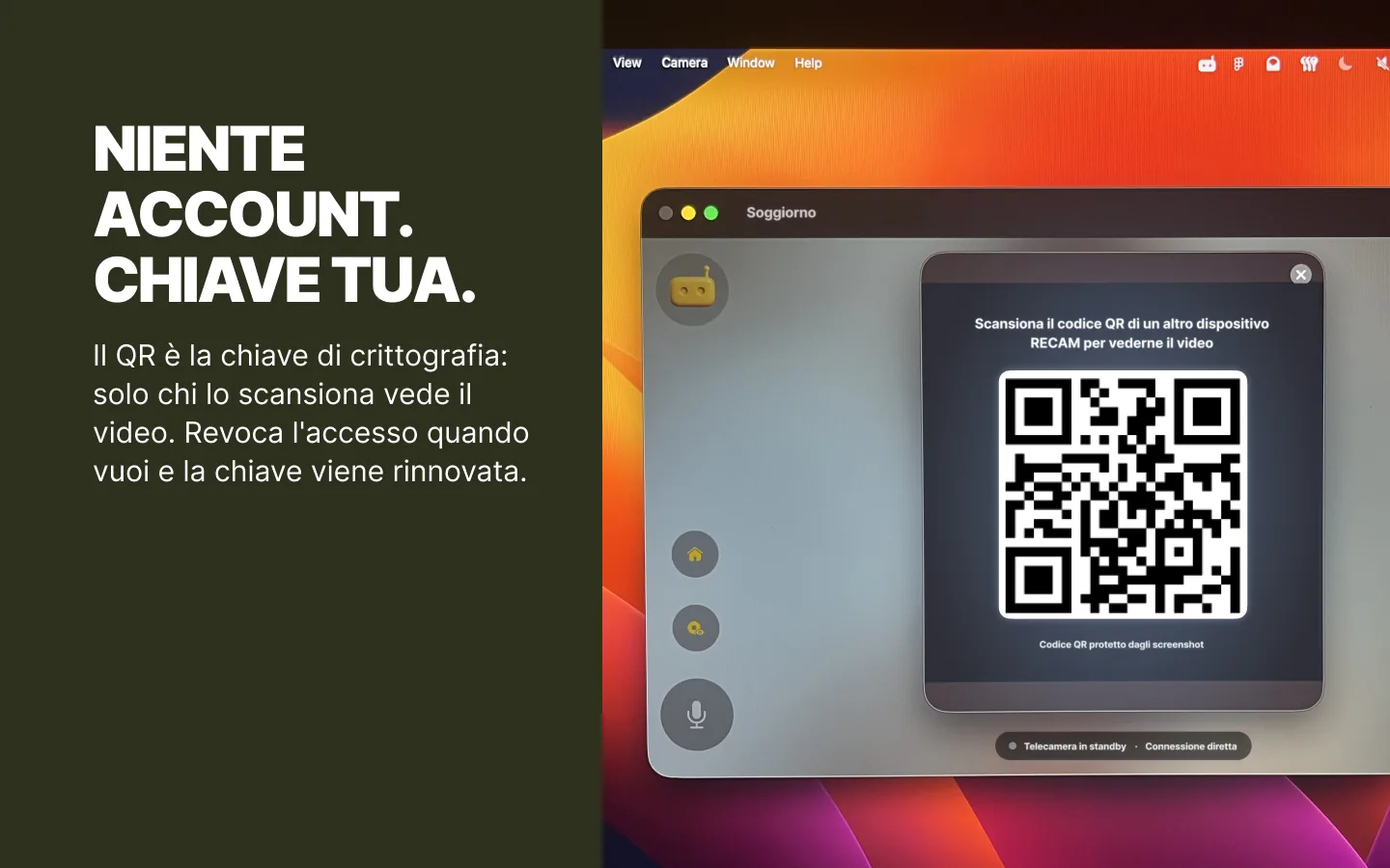 Un MacBook usato come telecamera RECAM mostra il codice QR che un altro dispositivo scansiona per guardarla