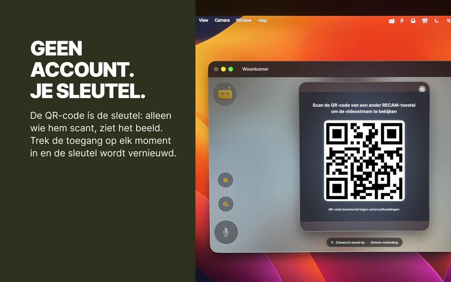 Een MacBook als RECAM-camera, met de QR-code die een ander apparaat scant om mee te kijken