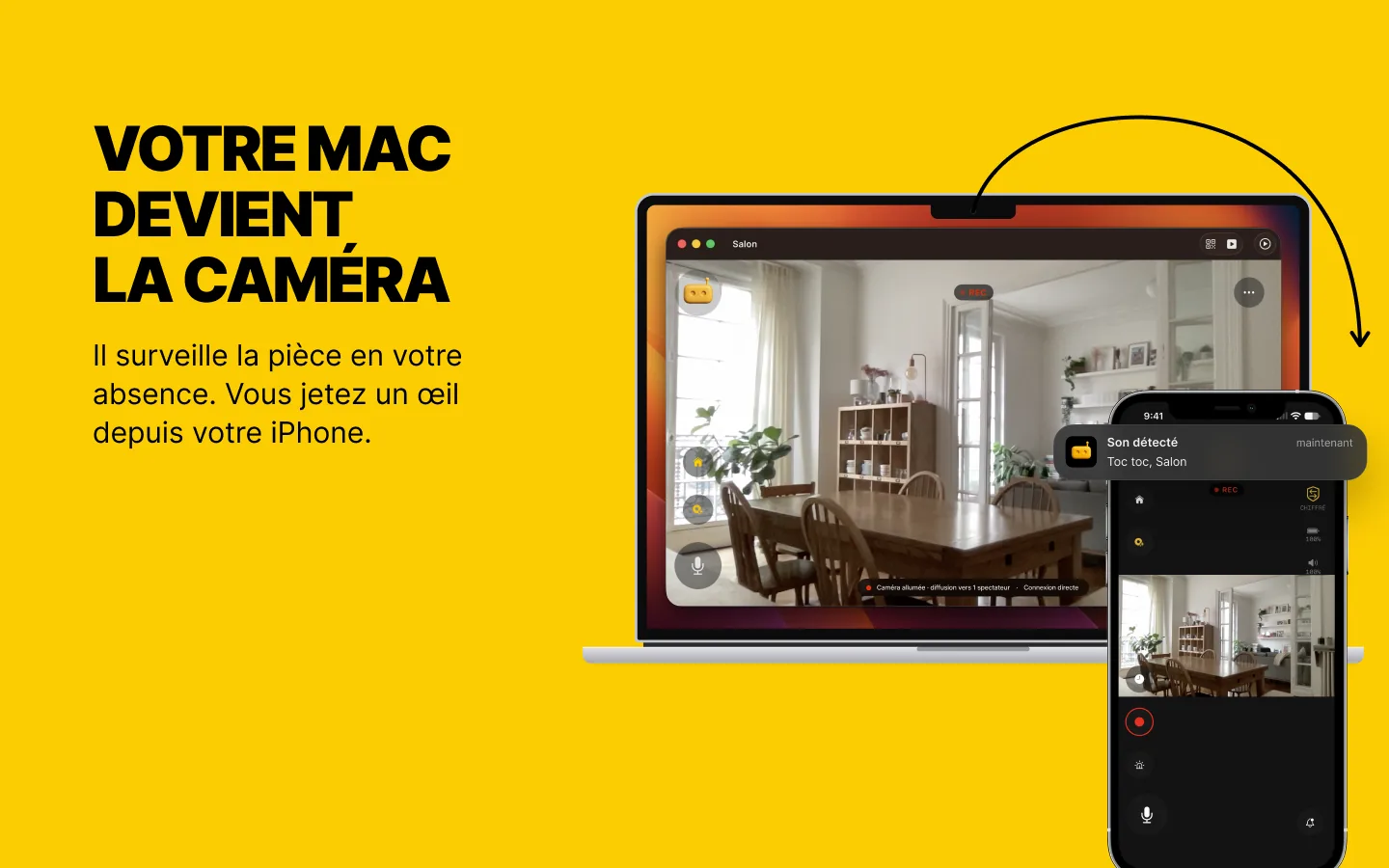 RECAM sur un MacBook qui filme le salon, et un iPhone qui affiche la même image en direct avec l’alerte «&nbsp;Son détecté&nbsp;»