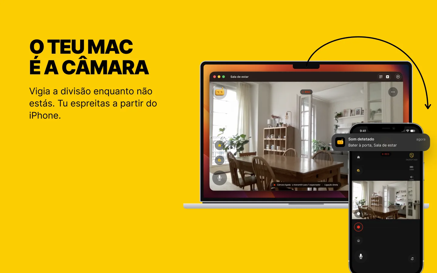 O RECAM num MacBook filma a sala de estar, enquanto um iPhone mostra a mesma imagem em direto com o alerta «Som detetado»